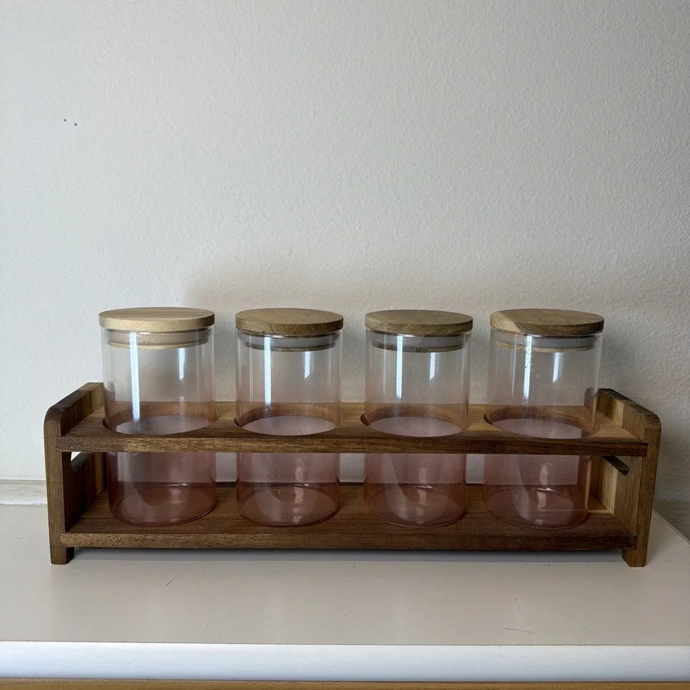 Wooden Spice Box Six Bottles Propagation Station Pink Glass Jars